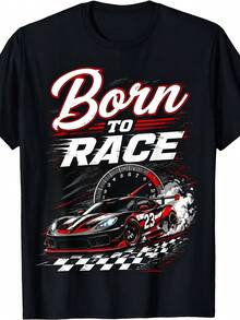 Men'S Born To Race Racing Graphic T-Shirt, Casual Style, Ideal For Racing Enthusiasts And Daily Wear - 黑色 - 查看 1
