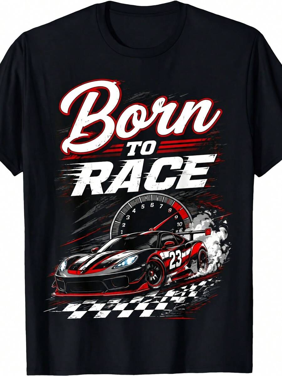 Men'S Born To Race Racing Graphic T-Shirt, Casual Style, Ideal For Racing Enthusiasts And Daily Wear - 黑色 - 查看 1