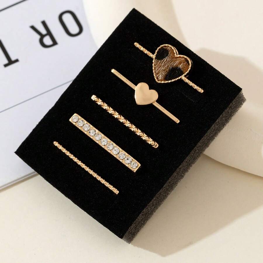 5pcs Fashionable Gold Leopard Print Heart Rhinestone Watch Band Decor Rings, Buckles And Studs For Apple Watch - Gold - View 1