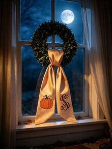 Custom Initial Wreath Decor Ribbon, Custom Initial Autumn Halloween Front Door Decor, Striped Satin Bow Autumn Halloween Front Door Decor, Farmhouse Style Autumn Home Decor, Farmhouse Style Thanksgiving Boxwood Wreath Ribbon - Multicolor - View 6
