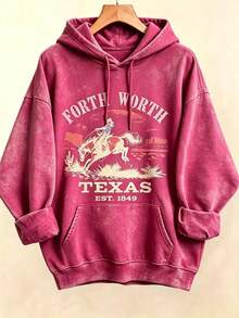 Women's Western Style Fort WorthTexasEST1849CowboyPatternHoodieSoftCrewNeckPulloverWith Cactus And Longhorn DesignComfortableCasualLongSleeve Sweater - 紅色4 - 查看 1