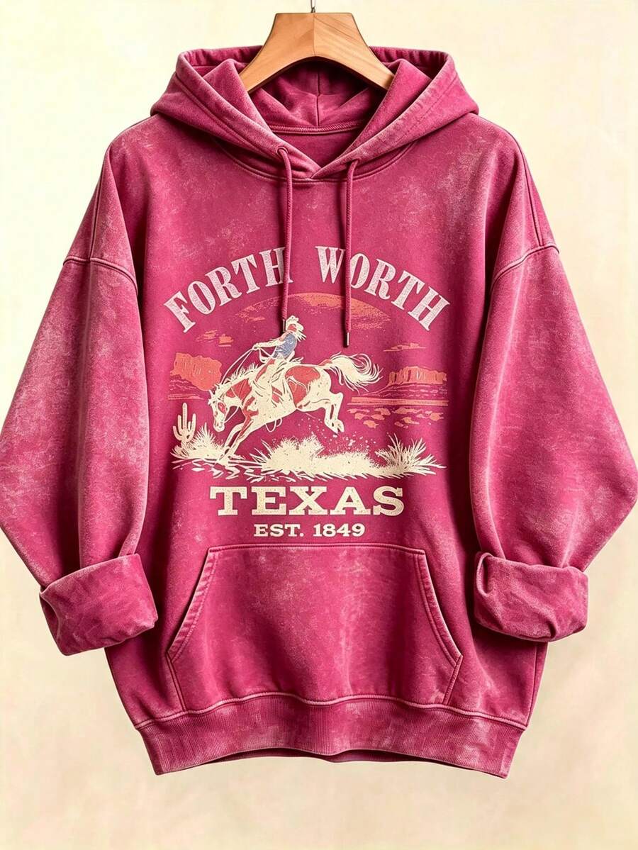 Women's Western Style Fort WorthTexasEST1849CowboyPatternHoodieSoftCrewNeckPulloverWith Cactus And Longhorn DesignComfortableCasualLongSleeve Sweater - 紅色4 - 查看 1