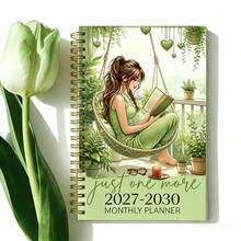 1PC A5 2027-2030 Calendar Plan Book/Four-Year Calendar Book (January 2027 To December 2030), Green Girl Window Reading Theme Cover Design Diary, Annual Calendar Planning Book, Including Month Page - Multicolor - View 1