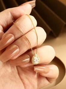 LEKANI S925 Sterling Silver Necklace 1pc Gold Fashion Design Water Drop Shape Pendant Necklace Simple Elegant Gift For Girlfriend Best Friend Exquisite Gift Niche Daily Wear Collarbone Chain Necklace - Gold - View 3