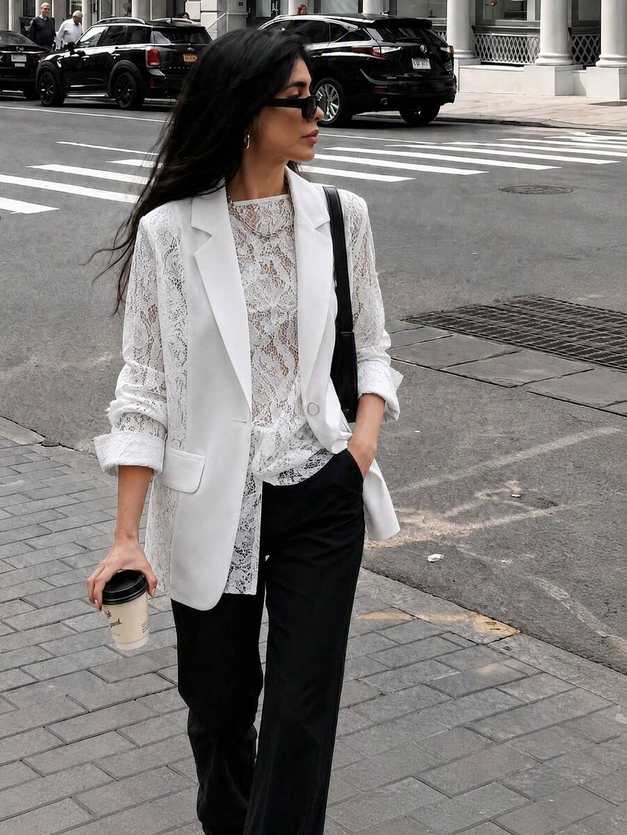 女款素色提花西裝外套，平駁領、蕾絲拼接與七分袖 – 商務休閒外套，適用於工作、居家、約會，春夏秋季白色 - 白色 - 查看 1