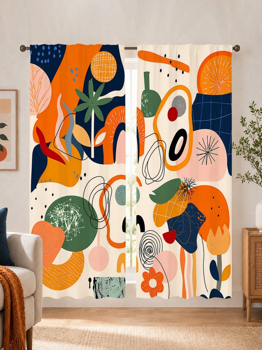 2Pcs Abstract Geometric Art Curtains, Modern Style Color Block Asymmetrical Line Print Pattern, Semi-Sheer Rod Pocket Curtains, Suitable For Living Room And Bedroom, Rod Not Included - Multicolor - View 1