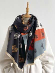 1PC Women's Autumn/Winter Double-Sided Faux Cashmere Floral Jacquard Warm Scarf Shawl Suitable For Daily Wear - Black - View 2