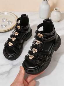 New Girls' Stylish Breathable Hollow Design High-Top Roman Sandals, Mesh Ruffle With Rhinestone Heart Decoration, Back Zipper For Easy On/Off, Thick Non-Slip Soft Sole, Sweet Versatile For Summer Daily Wear, Outings And School - Black - View 4