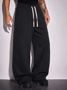 Solid Color Curved Split Wide Leg Sweatpants For Men, Drape Knit Fabric, Contrast White Double Drawstring, 3D Curved Stitching Tailoring, Loose Drape, Basic Loose Long Pants, Unisex - Black - View 9