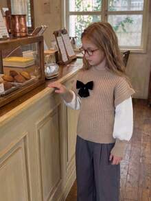 Sweater Rajut Anak Perempuan Usia 8-12 Tahun dengan Detail Pita, Pullover Lengan Pendek Bergaris, Atasan Pakaian Sekolah Kasual untuk Musim Gugur dan Musim Dingin, Anak Perempuan Usia 8-12 Tahun - MultiWarna - View 3