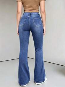 YANGCANREN Celana Jeans Model Flare dengan Kancing dan Kantong Serbaguna, Model Pinggang yang Dikencangkan, untuk Remaja Perempuan - Dusty Blue - View 3