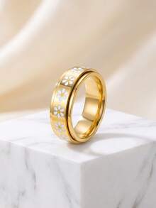 1 pieza Anillo giratorio de doble anillo de acero inoxidable con flor, anillo de la suerte - Dorado - Ver 6