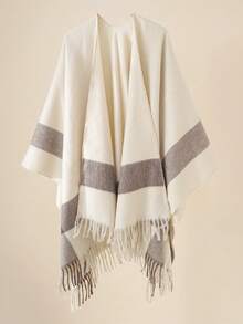 1 pieza Poncho minimalista con flecos de borde a rayas, para el invierno y otoño estilo bohemio - Multicolor - Ver 1
