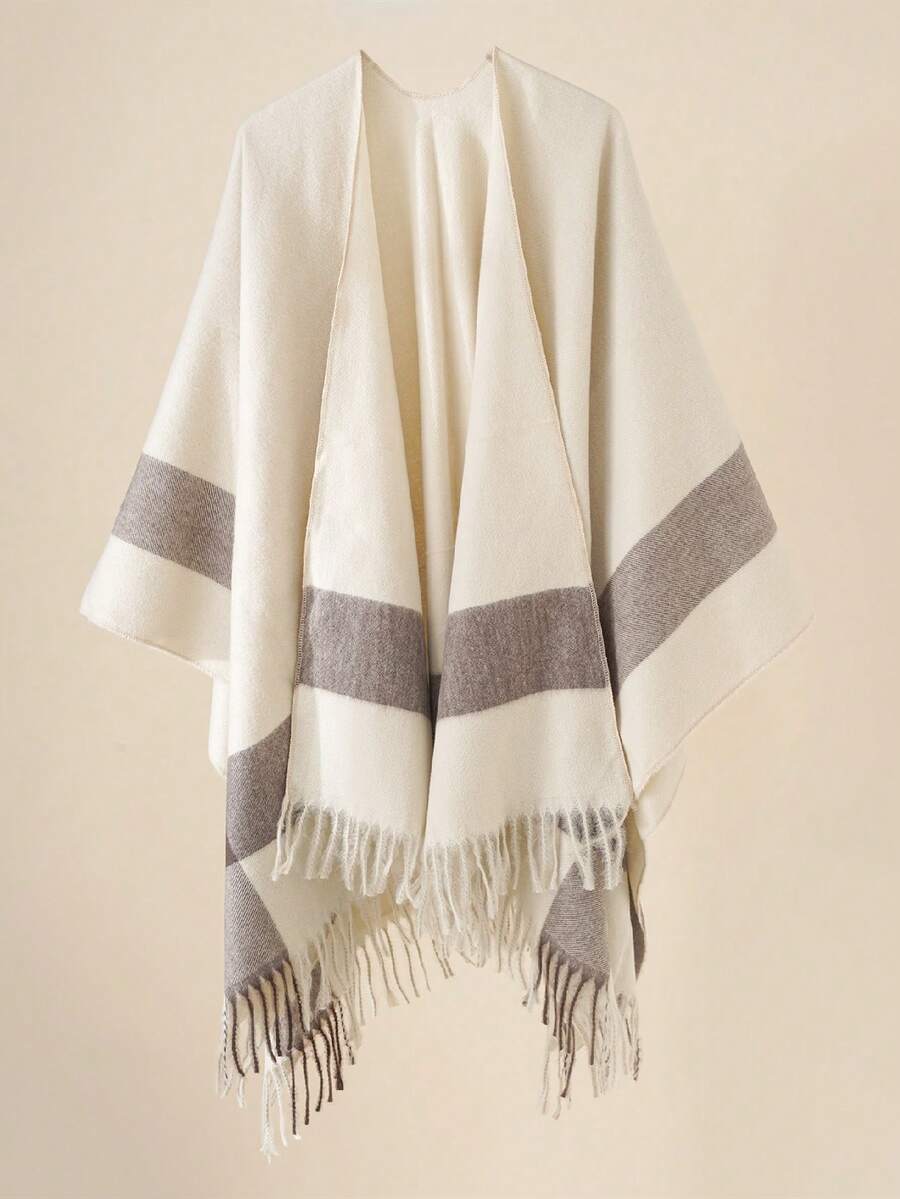 1 pieza Poncho minimalista con flecos de borde a rayas, para el invierno y otoño estilo bohemio - Multicolor - Ver 1