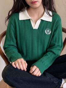 Teen Girls Colorblock Polo Collar Loose Knit Sweater Autumn Collegiate Style Badge Embroidery - Green - View 3