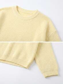 Wixra Women's Cream Yellow Waffle Ribbed Crew Neck Sweater Loose Drop Shoulder Long Sleeve Pullover - Yellow - View 6