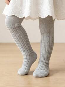 1 Pair Twisted Cable Fine Vertical Striped Candy Color Girls Tights, Solid Color Children's Socks For All Seasons, Double Needle Girls Tights - Grey - View 2