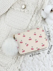 Ladies' Cherry Print Zipper Credit Card Clip Bag, Featuring A Stylish Pom Pom Accent, Card Short Wallet, Multi Slot Coin Wallet - White - View 9