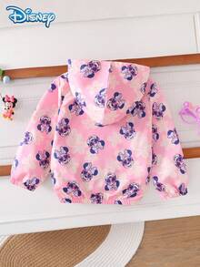Disney Authorized Girls' Spring/Autumn Jacket, Pink & Navy Blue Cartoon All-Over Print, Cute Girly Style, Regular Shoulder, Elastic Cuffs, Hooded Windproof Design, Fits 4-8 Years Old Girls, Versatile For Daily Wear, Casual, Vacation, Party, Gathering - Pink - View 2