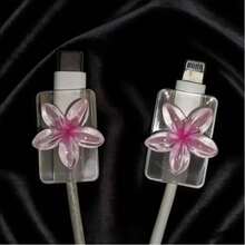 2PCS Gradient Flower Cable Data Line Protector, Transparent Soft Shell Anti-Bend Anti-Break, Resin Material, No Battery Required, Suitable For Type-C, 3D Plumeria Data Line Protector, Summer Vibe Charging Accessory - 2 Pink Frangipani Flowers - View 6