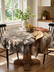 1pc Luxury 3D Floral Round Tablecloth, Beige Gray Gold Polyester Table Cloth With Oversized Flower And Layered Leaf Print, Elegant Dining Table Cover For Kitchen, Dining Room, Wedding, Party, Restaurant And Modern Home Decor - Multicolor - View 4