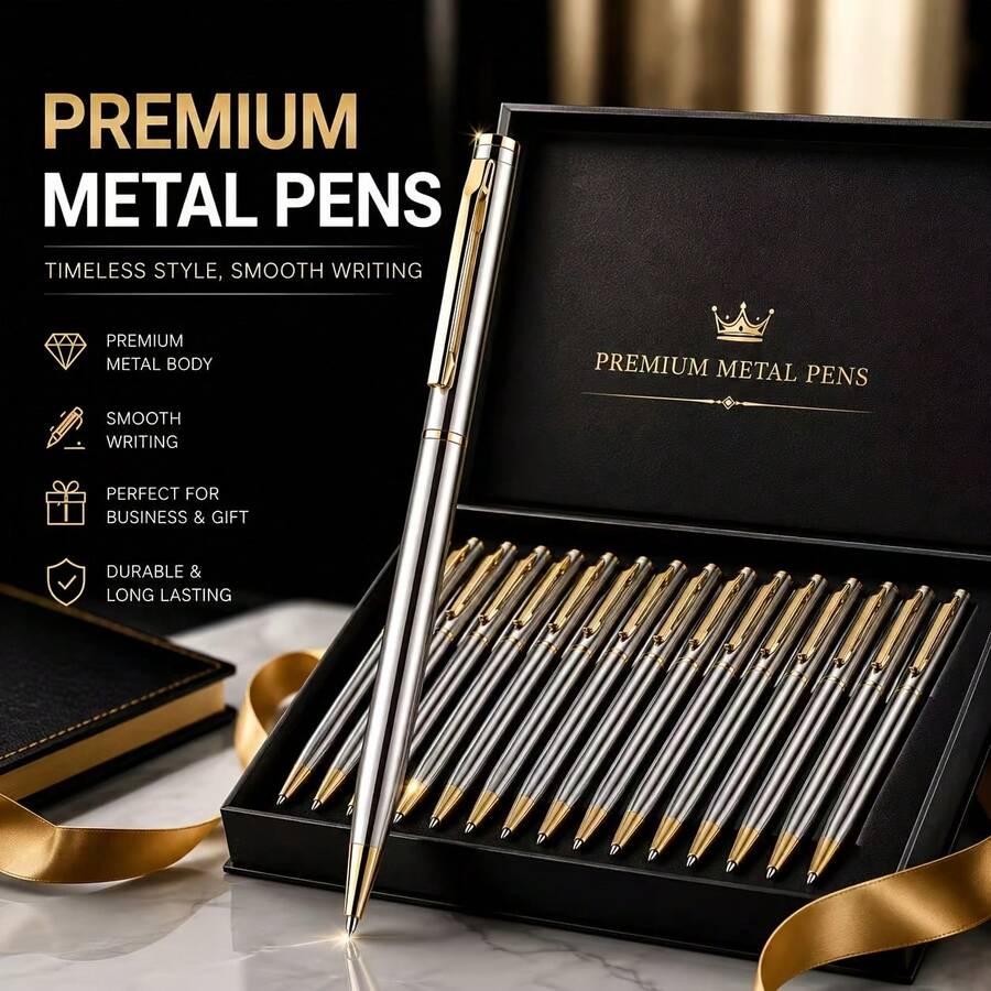 Set Pulpen Ballpoint Stainless Steel Premium 12 Buah | 2 Buah Pulpen Tanda Tangan Logam untuk Bisnis + 5 Isi Ulang Tinta Hitam + 5 Isi Ulang Tinta Biru | Menulis Lancar Tanpa Gangguan Tinta | Pulpen Hadiah Kantor Mewah | Cocok untuk Penandatanganan Bisnis, Catatan Rapat, Penandatanganan Kontrak - Set - View 1