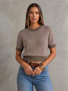 Autumn/Winter New Women's Ribbed Knit Short Sleeve Crew Neck Top, Cropped Striped Knit Sweater Summer - Khaki - View 4