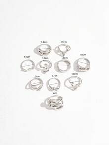 Set de 10 anillos plateados estilo punk con textura asimétrica, banda ancha brillante y arrugada, anillos apilables geométricos asimétricos tipo roca para mujer - Plateado - Ver 6
