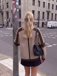 BuyK [Tops]Women's Contrast Colorblock Striped Knit Sweater Raglan Sleeve Pullover Top Fall Winter Casual Loose Fit Knitwear - Coffee Brown - View 2