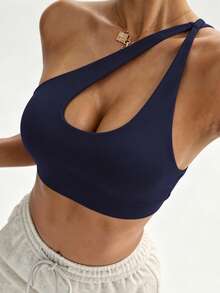 Women's Black Removable Padded Shoulder Knit Sports Bra Fall - Navy Blue - View 5
