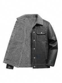Men's Autumn/Winter Minimalist Thermal-Lined Leather Jacket With Pockets - Black - View 5
