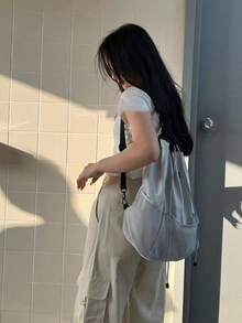 Japanese & Korean Style Niche Design Aesthetic Student Backpack, Commuter Daily Outing Shopping Fashion Star Drawstring Bucket Backpack, Travel Large Capacity Foldable Backpack For Female College Students - Grey - View 5