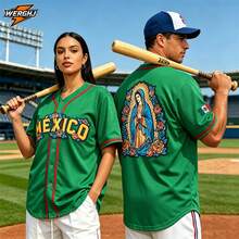 Unisex Mexican Baseball Jersey Virgen De Guadalupe 3D Print Baseball Jersey, Stitched Button Front Short Sleeve Baseball Shirt - Green - View 2