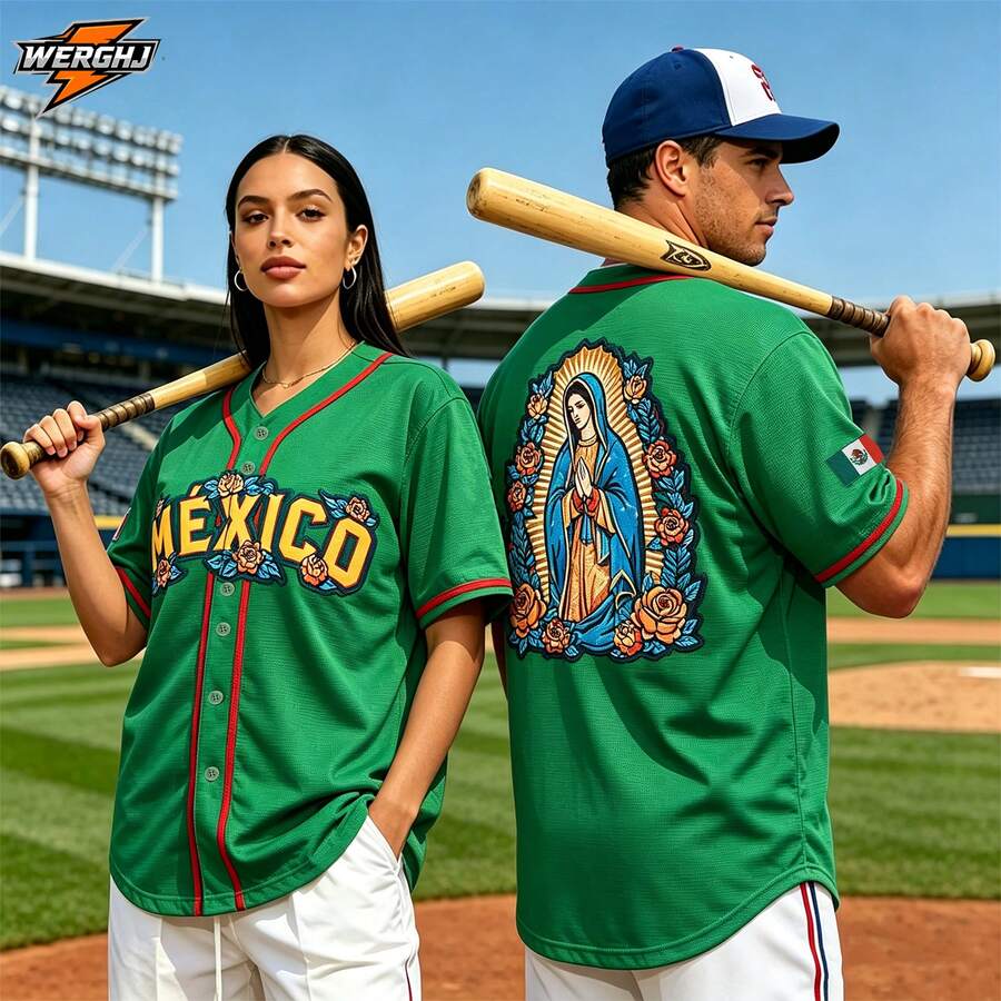 Unisex Mexican Baseball Jersey Virgen De Guadalupe 3D Print Baseball Jersey, Stitched Button Front Short Sleeve Baseball Shirt