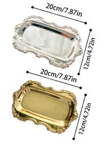 Vintage Embossed Floral Metal Serving Tray, Gold Silver Ornate Rectangular Decorative Platter, Luxury Storage Tray For Jewelry, Dessert, Cosmetics, Wedding, Vanity Table Decor - Multicolor - View 2