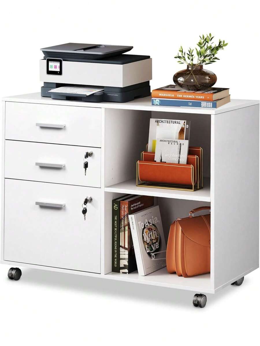 3 Drawer Mobile File Cabinet, Wood Lockable Drawers Printer Stand With Open Storage Shelf Fits A4 Or Letter Size For Home Office, White Father's Favorite Gift - A4 - View 1