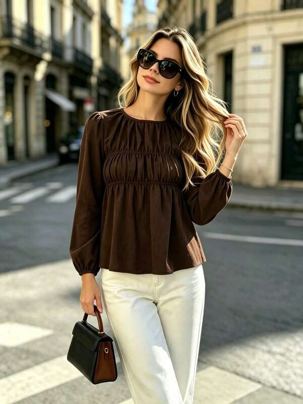 Women's Crew Neck Ruched Tiered Blouse, Lantern Long Sleeve Loose Babydoll Top, Casual Solid Color Deep Brown Daily Wear Shirt