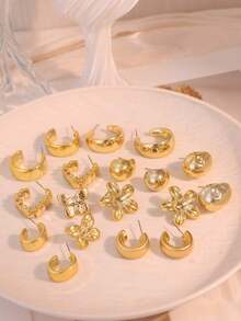 3/9 Pairs Gold Stud Earrings Fashionable Elegant Floral Geometric Multi-Element Gold Metallic Earring Set, Women's Fashion Earring Set, Best Gift For Best Friends, Full Of Atmosphere (Lightweight CCB Material, Non-Fading) - Gold - View 5