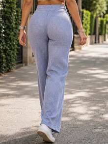 Pants de pierna ancha para mujer. Colores sólidos sin estampado. Ajuste de cintura natural con cordón ajustable. Sin bolsillos. Ideal para el uso diario. Textura tipo canalé. - Gris - Ver 2