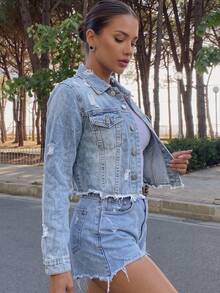 Women's Street Distressed Slim Fit Denim Short Jacket - Light Wash - View 6