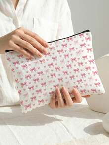 1pc Pink Bow Print Makeup Bag, Zipper Closure Portable Toiletry Organizer Storage Bag For Small Items For Daily Use Business Trip Travel - MLH - View 2