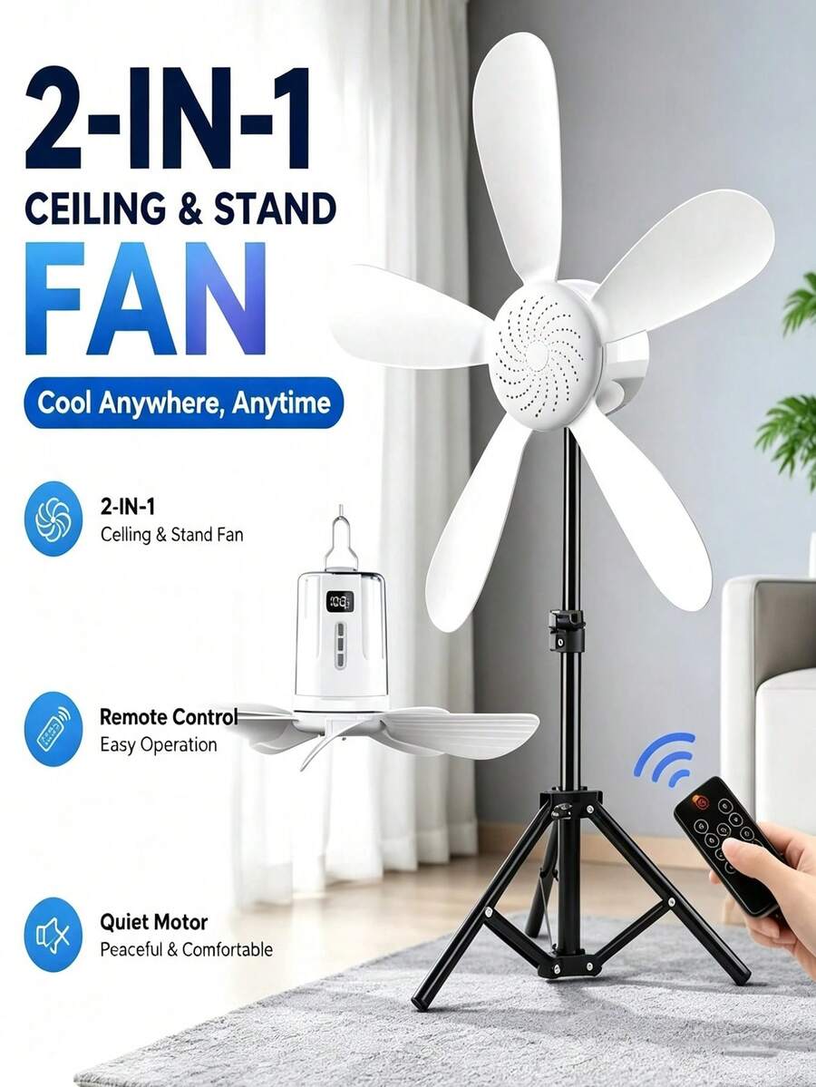 1pc Rechargeable Camping Ceiling Fan With LED Light,Portable Hanging Tent Fan 5‑Blade Quiet 4 Speed Remote Control RGB Ambient Light For Camping Dorm Bed - 1 - View 1