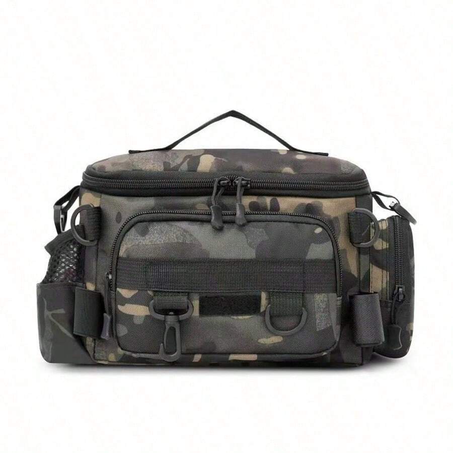 1 pieza Bolsa impermeable multicompartimental para pesca con diseños camuflaje/geométricos y tonos lisos, cierre cremallera + correa de hombro, perfecta para guardar equipo de pesca y campin - Camuflaje negro talla única - Ver 1