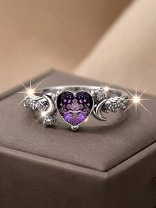 Vintage Purple Rose Cross Heart Women's Ring, Crescent Zirconia Promise Ring, Christian Faith Butterfly Religious Jewelry Gift - Silver - View 9