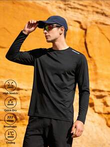 Men's Autumn Long Sleeve Quick Dry Elastic Crew Neck T-Shirt, Spring/Autumn Sports Fitness Casual Top - Black - View 2