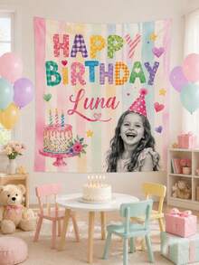 Custom Photo Wall Tapestry, Personalized Birthday Banner With Image And Text, Colorful Party Backdrop Poster, Customized Celebration Decor, Birthday Commemorative Gift, Children Family Friends Room Decoration Personalized Hanging Decor - Multicolor - View 5