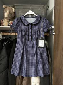 Women's Plaid Short Sleeve Shirt, Peter Pan Collar, Puff Sleeves, Button Front Opening, Flared Regular Fit Elegant Summer - Multicolor - View 1