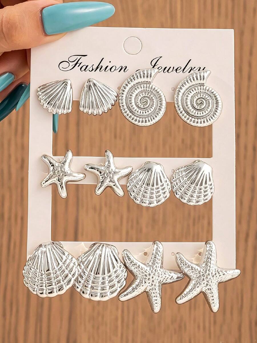 2-12 piezas Pendientes de estrella de mar y concha plateados, adecuados para usar en verano, viajes y vacaciones - Plateado - Ver 1