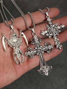 3pcs Vintage Gothic Hip Hop Style Cross Skull Moth Star Bat Sun Eye Necklace Stainless Steel NK Chain Men's Necklace Set - Silver - View 14