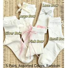 1/5 Pairs White Girls' Summer Mid-Calf Socks, Japanese Cute JK Style, Thin Lace Bow Ballet Design - White - View 6